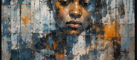 PLACEHOLDER — acrylic portrait study on paper in blue and gold.