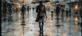 PLACEHOLDER — loose watercolor of figures with umbrellas on a rain-lit street.