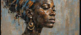 PLACEHOLDER — small acrylic portrait on panel in blue and gold.