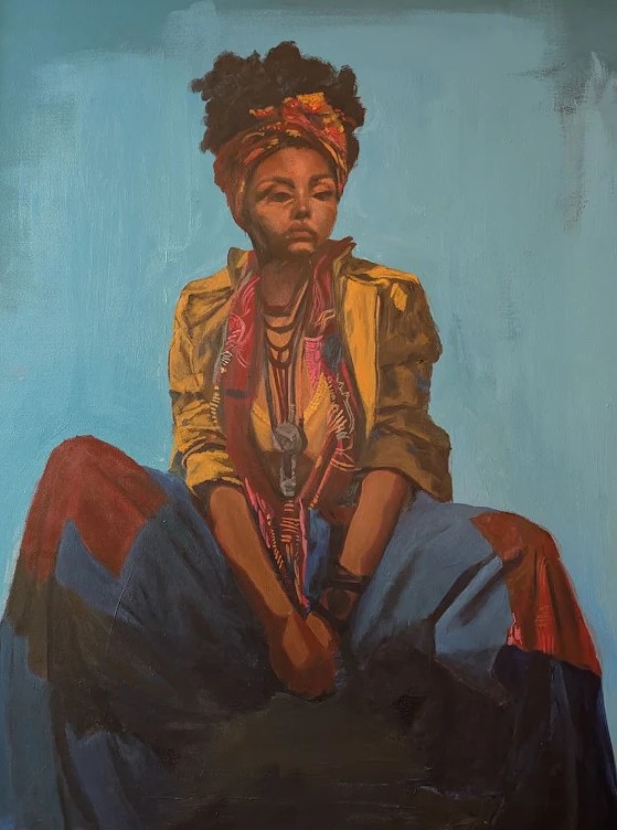 Acrylic portrait of a seated woman in a gold jacket and patterned scarf with a wrapped headscarf, against a soft turquoise ground.