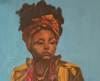 Detail of the woman's face and headscarf.
