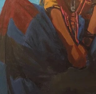 Detail of the folded hands and draped skirt.