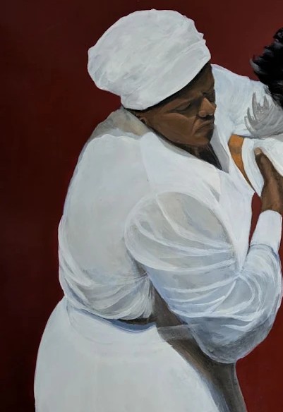Detail of the woman at left in white, head bowed.